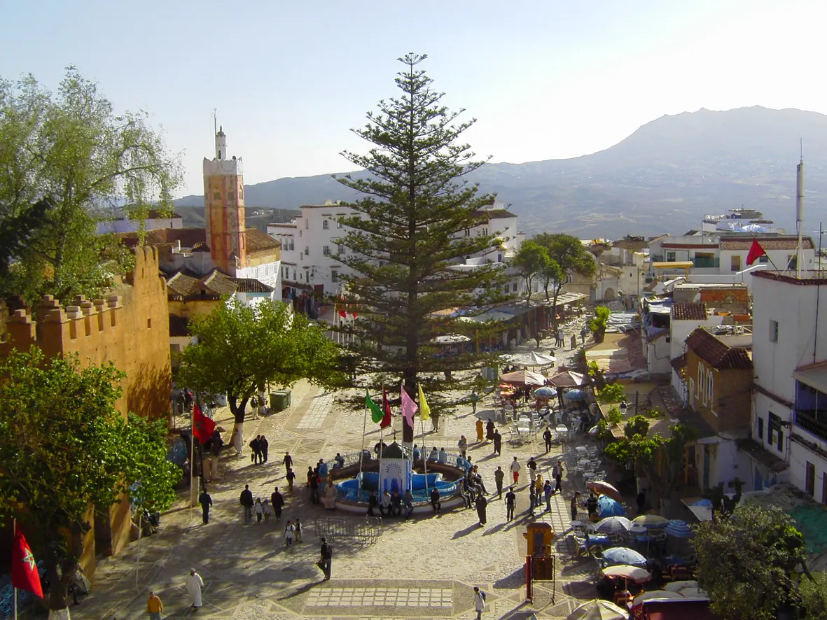 Outa el Hammam square in Chefchaouen seen from above, with the crenellated ochre kasbah wall and a Moroccan flag on the left, a tall Araucaria tree and a blue-tiled fountain at the centre among crowds and café parasols, and the Grand Mosque's brick minaret behind
