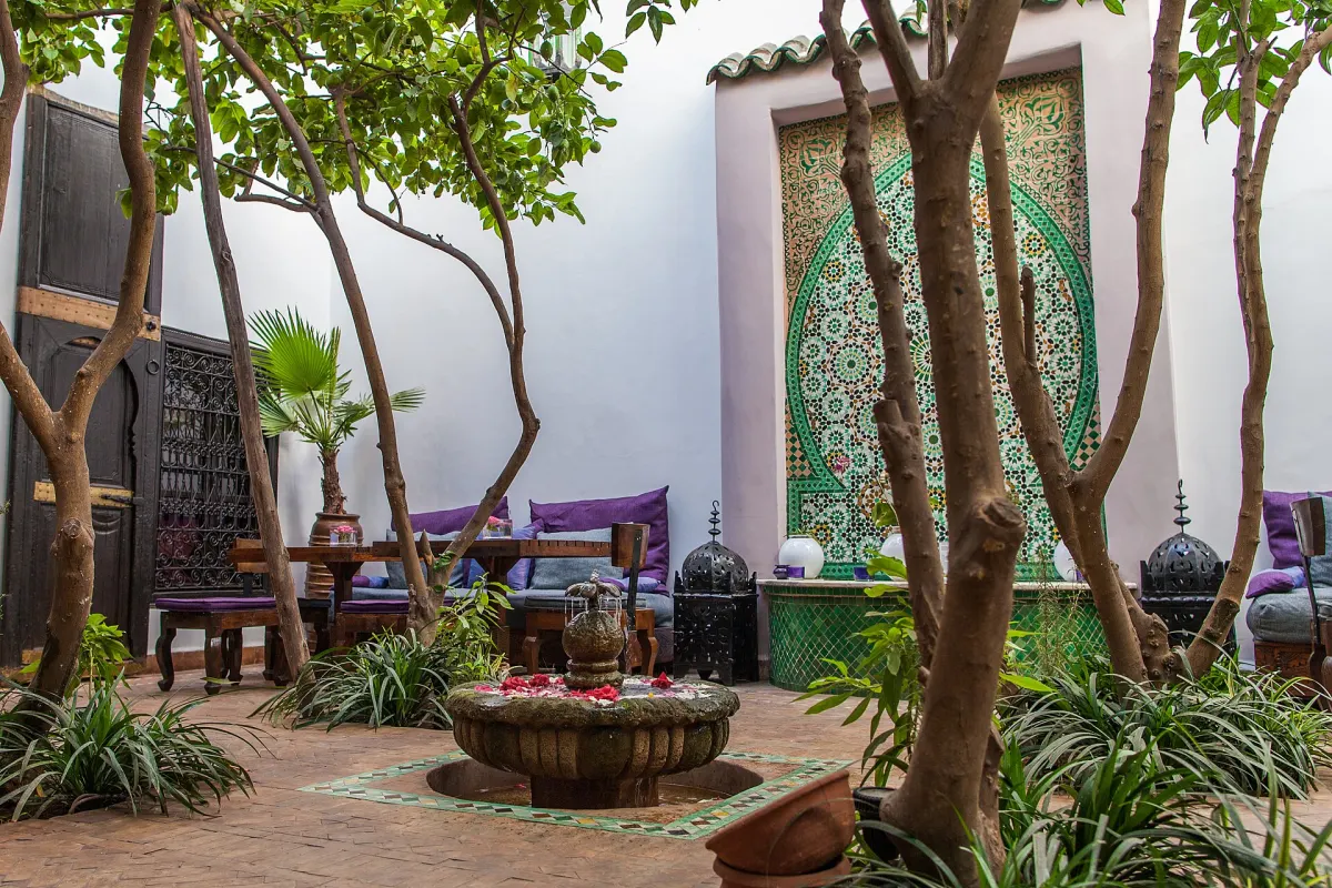 A riad courtyard with a stone fountain strewn with rose petals, a green zellige arch panel and purple cushions